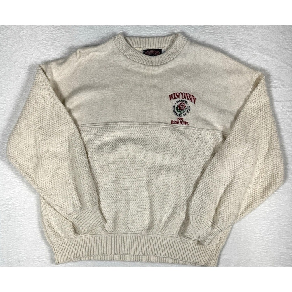 VTG 94' Wisconsin Badgers Rose Bowl Pasadena Knit Sweater Cream XL made in USA